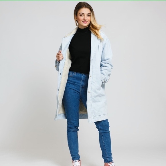 Levi’s Sherpa Coat Long Denim Reversible Jacket Light Wash Belted Women’s XL NEW - Picture 3 of 9